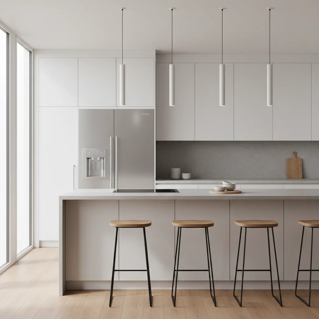 Built-in refrigerator installed between tall kitchen cabinets