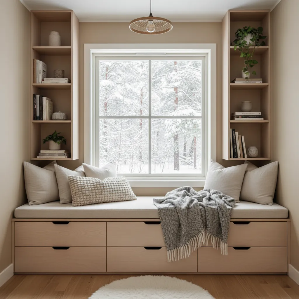 built in window bench and shelving saving space in a small house interior