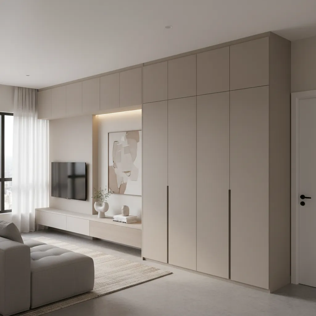 built in wall integrated hall almirah in compact apartment living room