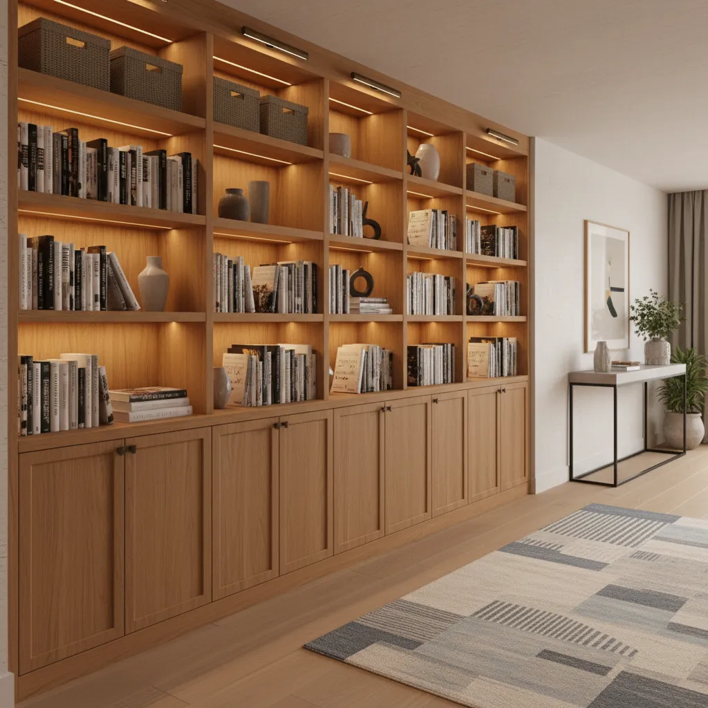custom built in hallway shelves with books and decorative storage
