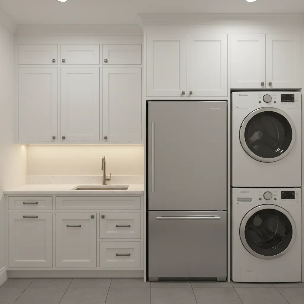 Built-in refrigerator integrated into laundry room cabinet wall