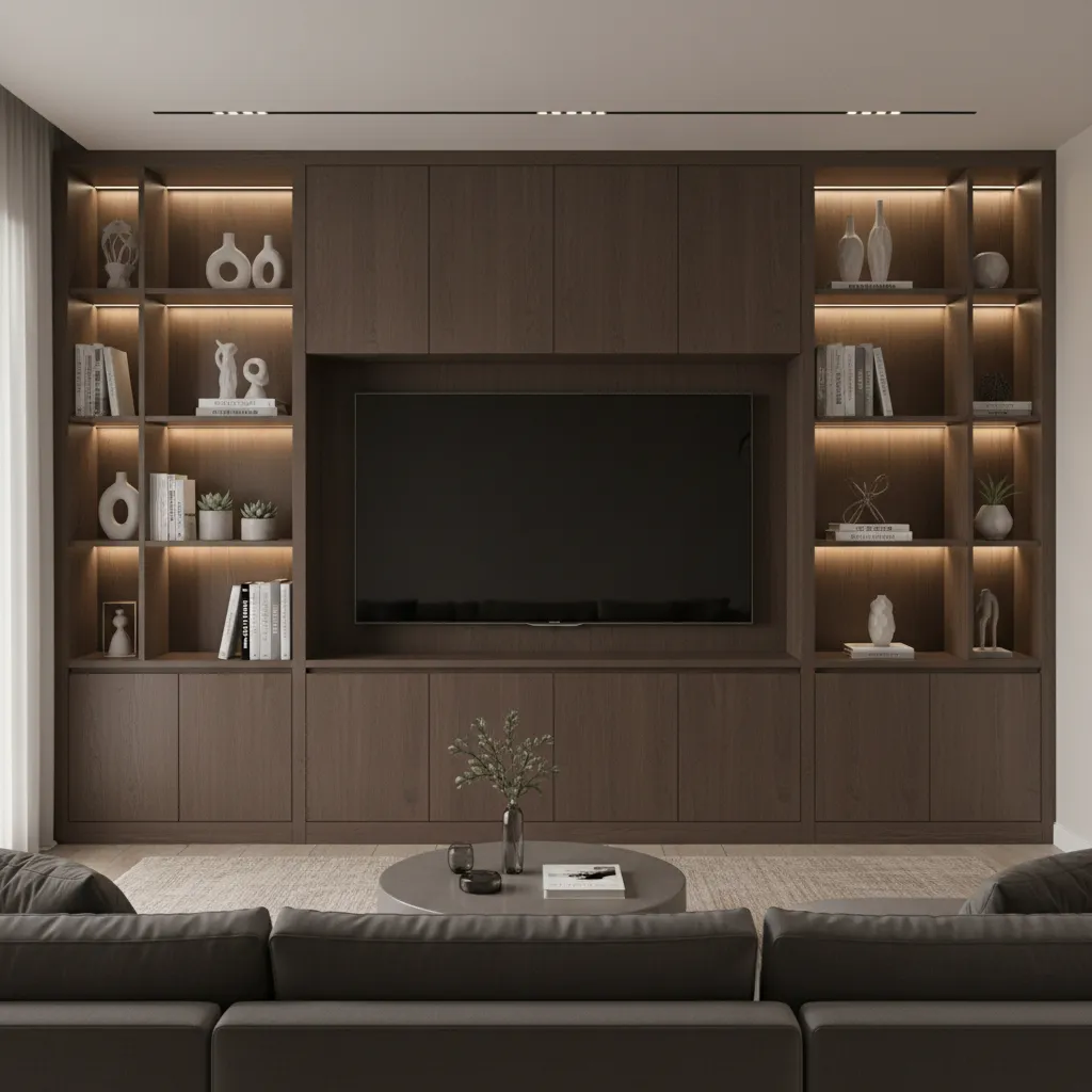 Dark wood wall cabinet with large TV, lighted shelves, books, vases, plants, and gray sofa