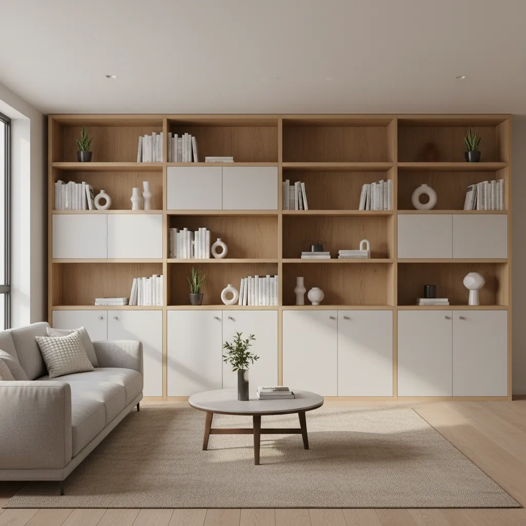 Elegant built in living room almirah wall with shelves and cabinets