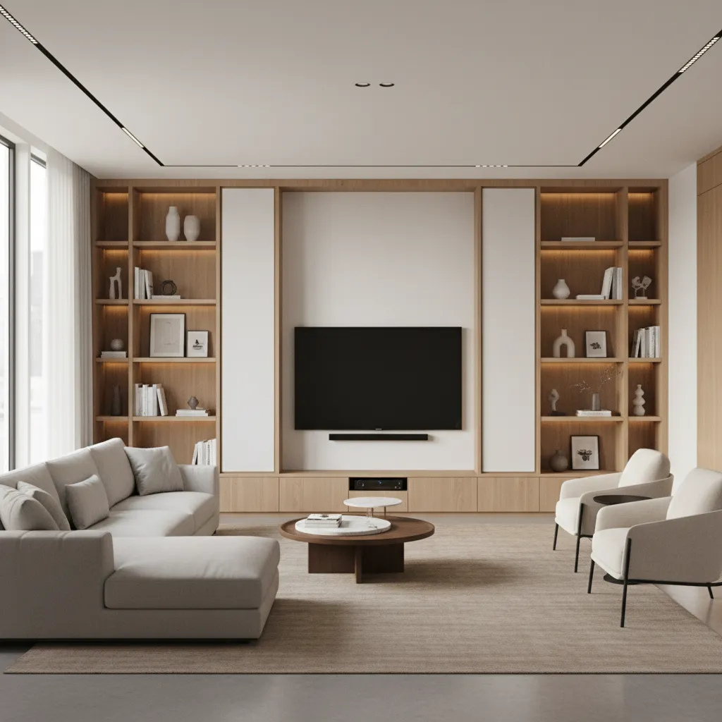 Modern living room featuring large sofa, wooden bookshelves, television, round coffee table, and white armchairs