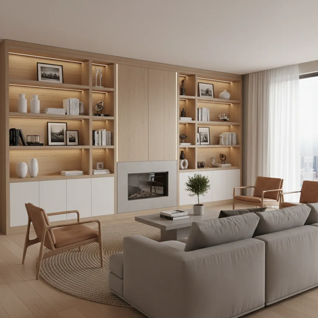 Built in living room shelves with integrated lighting