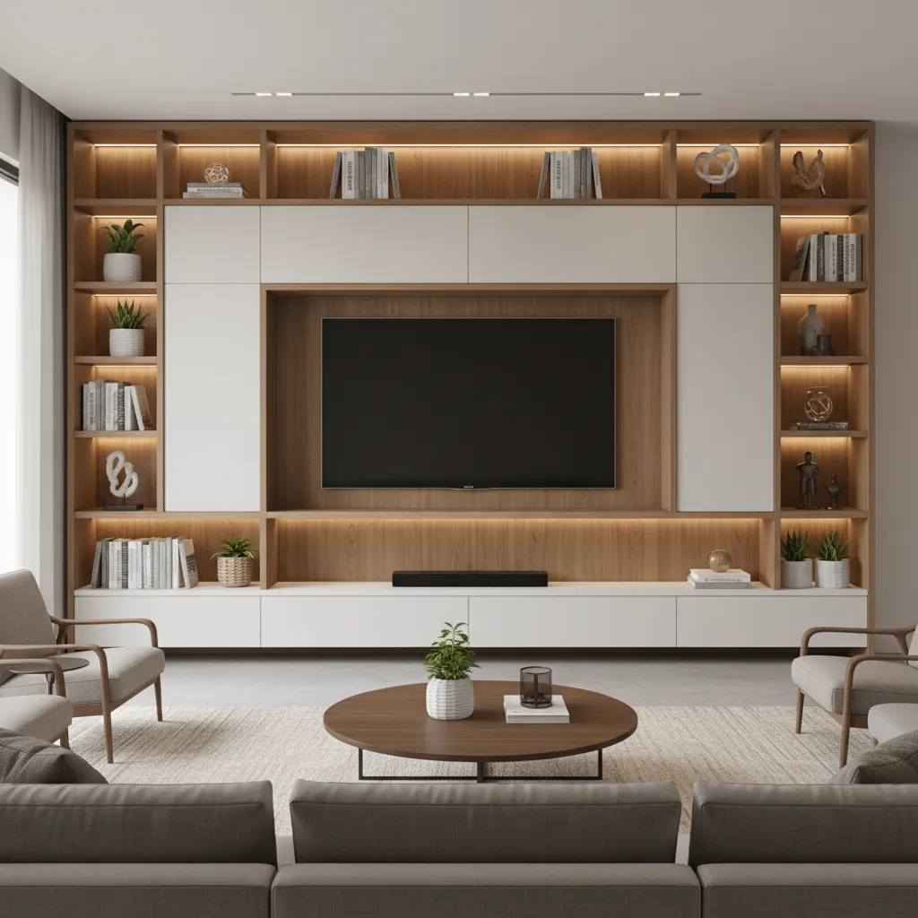 Built in shelving wall surrounding television in modern living room
