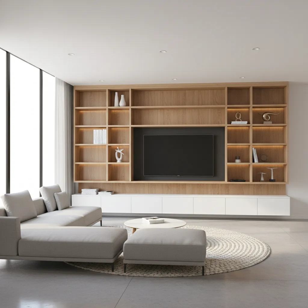 Contemporary living room wall unit with shelving and TV center