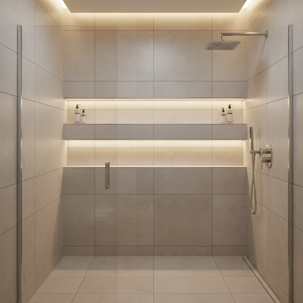 Shower shelves aligned with tile grout lines creating a built-in design appearance