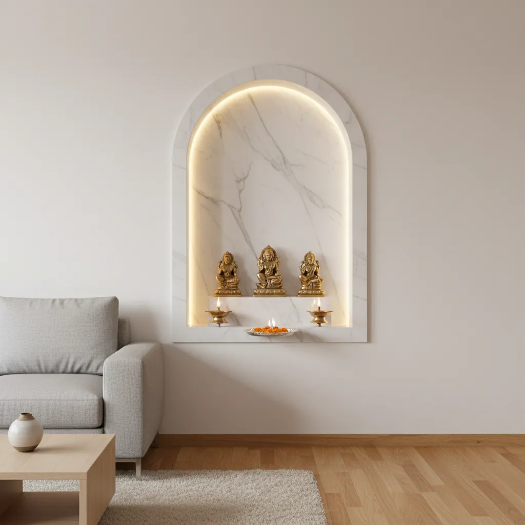 Built in marble pooja mandir niche with lighting