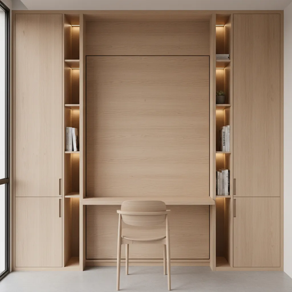 built-in wall storage and murphy bed system in a micro apartment