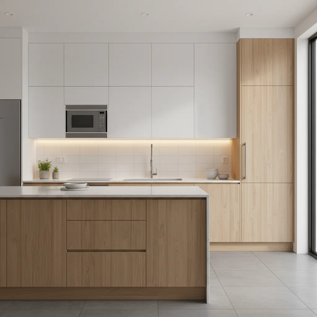 Built in microwave shelf integrated into modern kitchen cabinetry