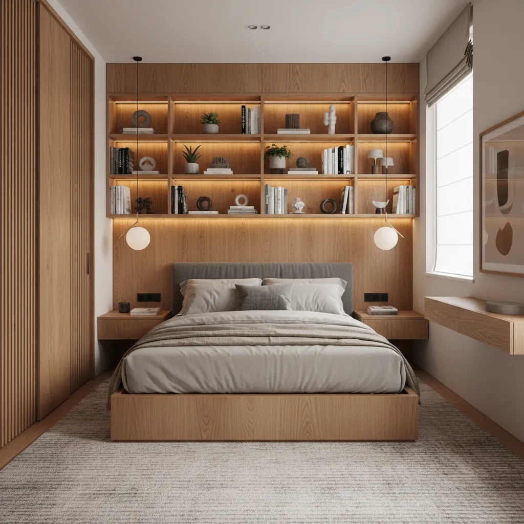 Wall to wall built in platform bed with shelving