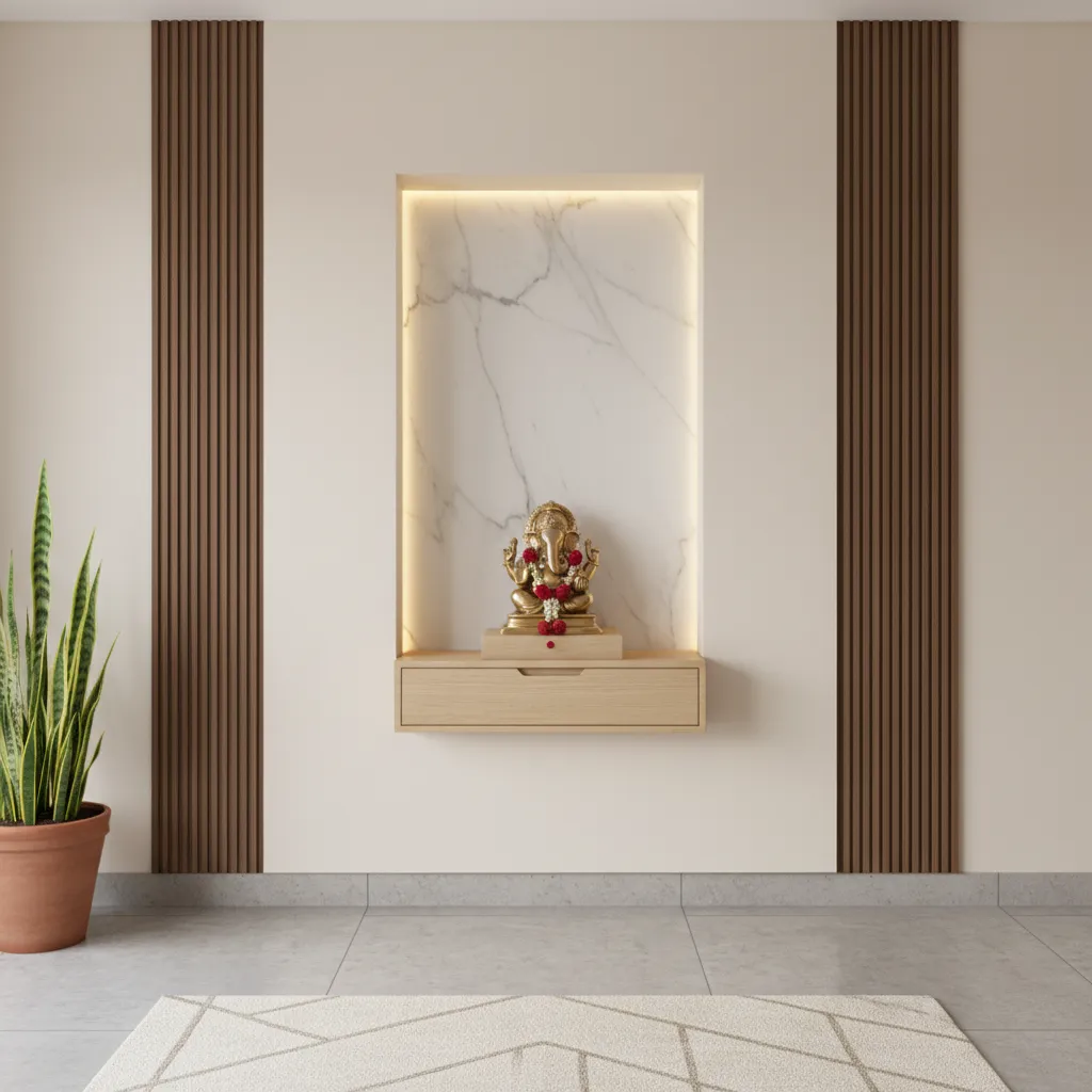 Recessed pooja temple niche with marble backdrop and warm lighting