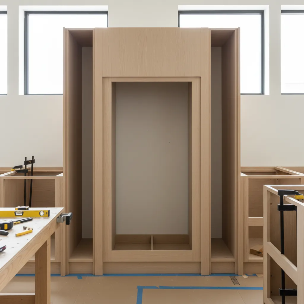 Kitchen cabinetry with correct spacing for built-in refrigerator installation