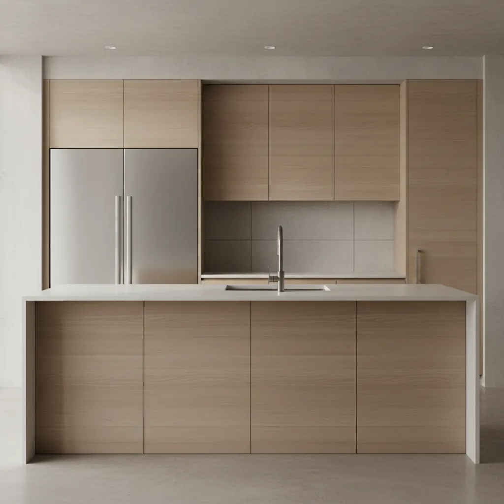 Integrated refrigerator installed within modern kitchen cabinetry