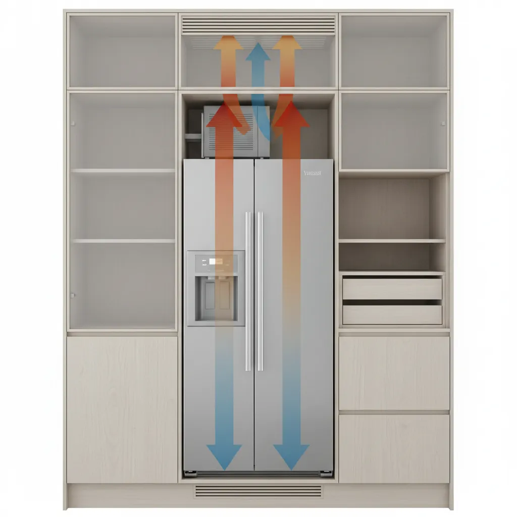 Kitchen cabinet ventilation airflow around built-in refrigerator