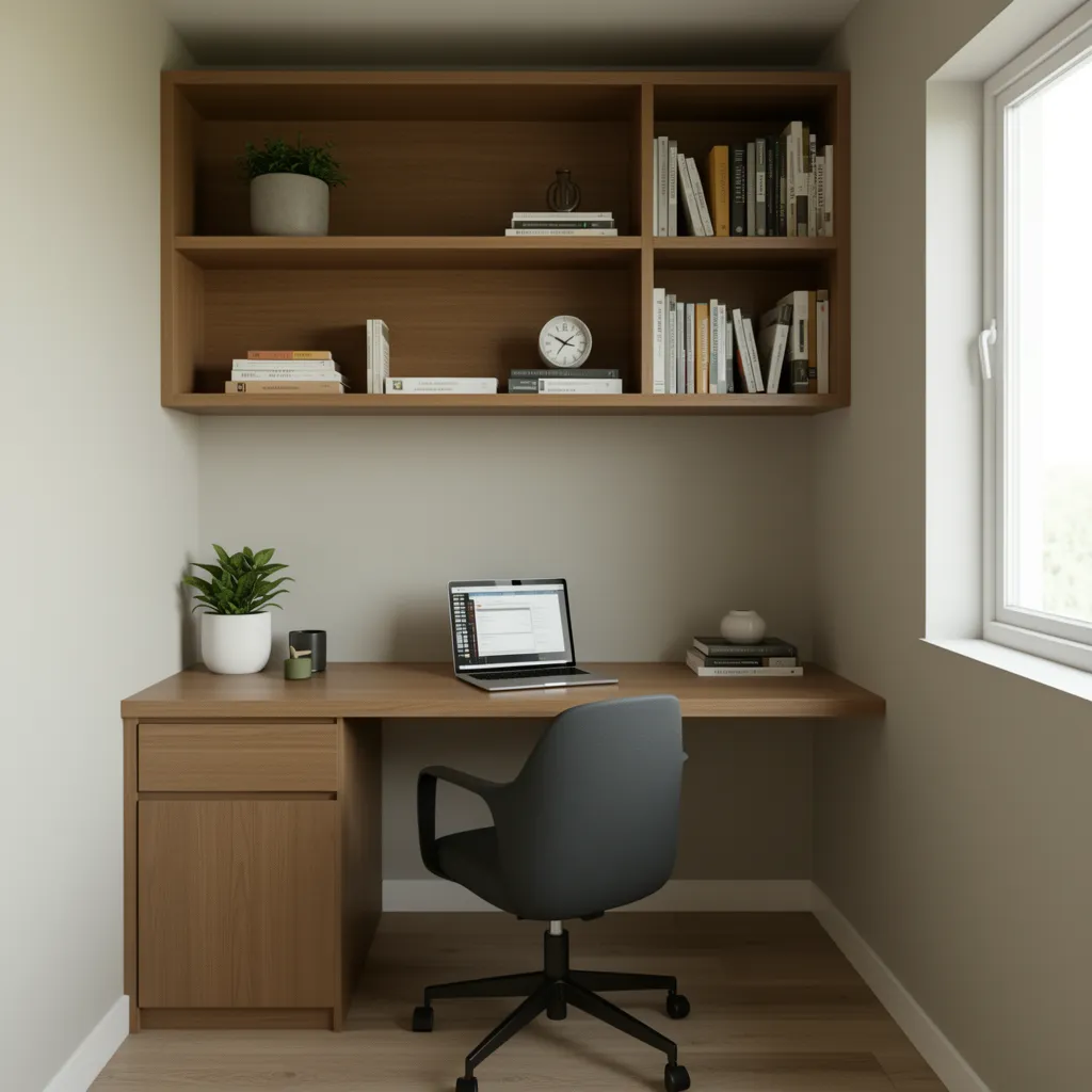 compact home office desk with built in shelves above workspace
