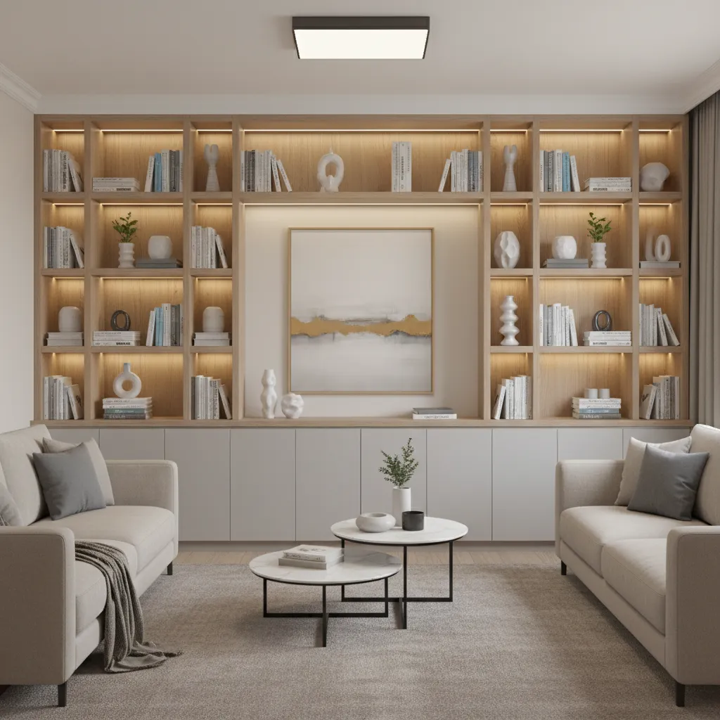 Modern living room wall with built in shelves and decorative objects