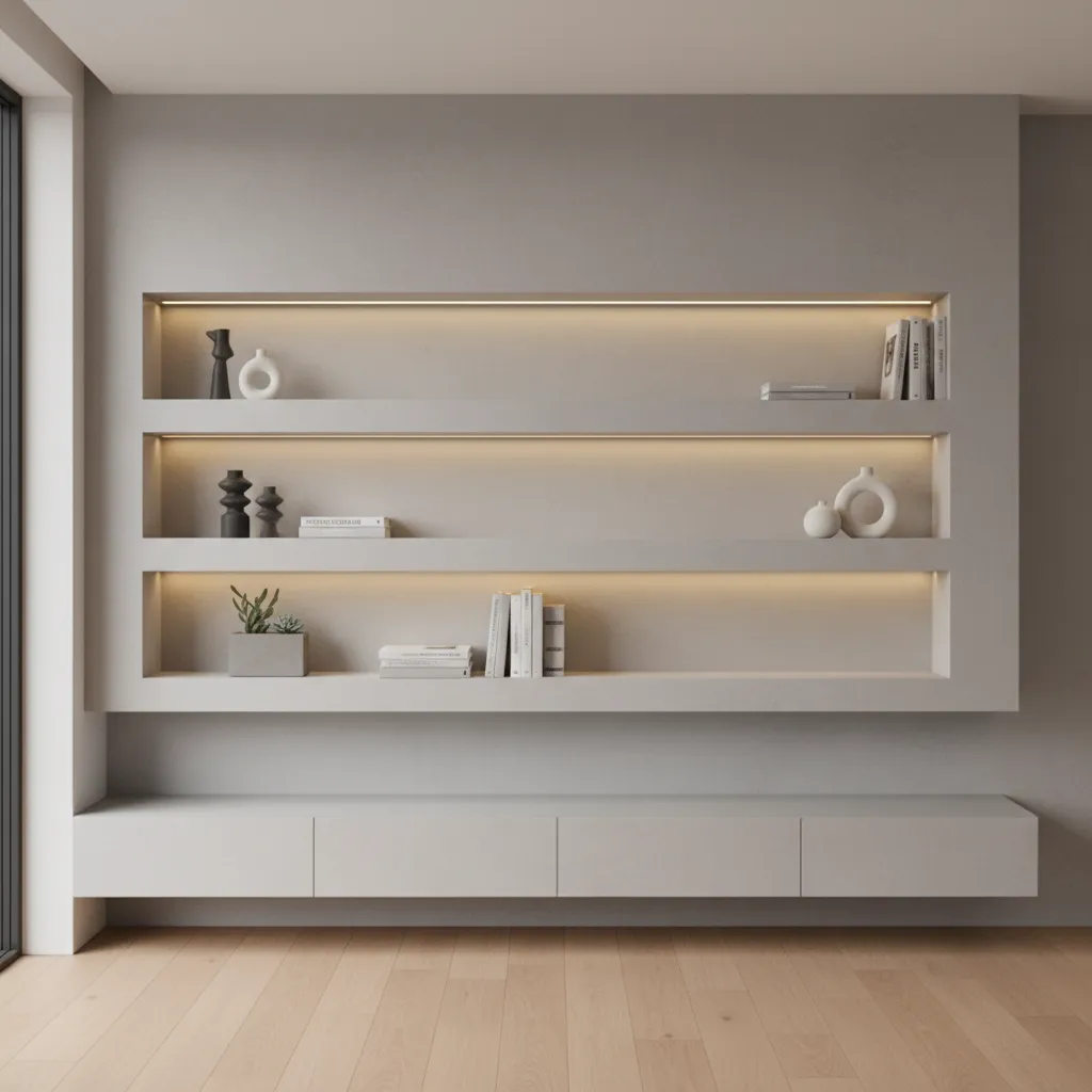 Built in wall shelf elevation with lighting in small home interior