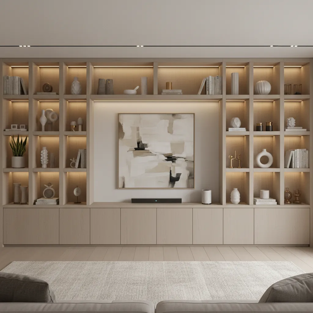Large living room wall with built-in shelves and integrated lighting