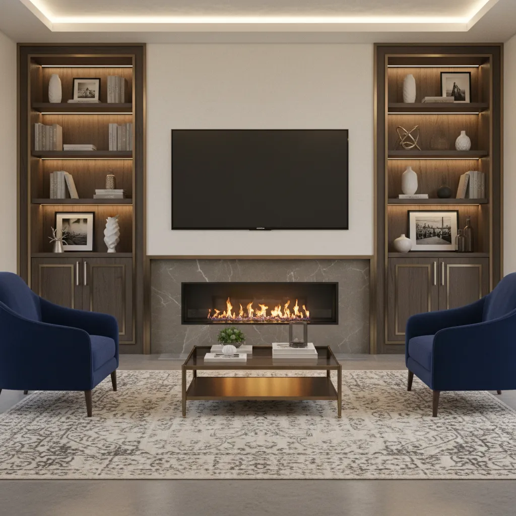 TV above fireplace integrated with built in shelving and wall panels