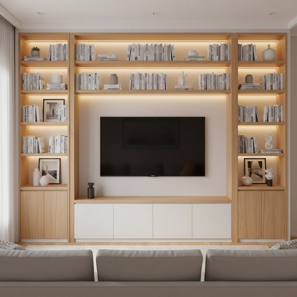living room TV wall with built-in shelves and storage cabinets