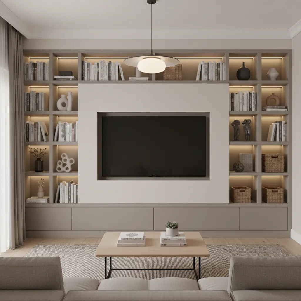 Built in wall shelves surrounding TV in small living room