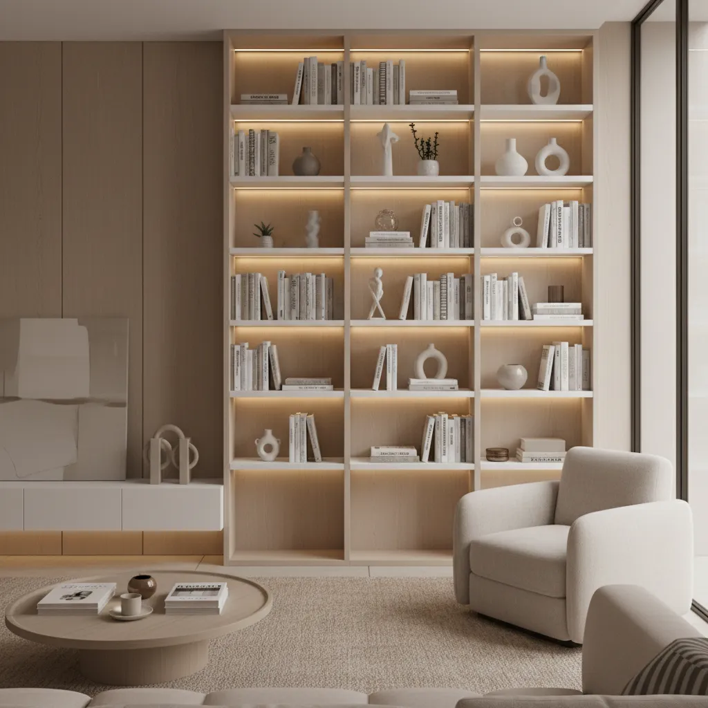 Living room side wall with built in shelving and integrated lighting