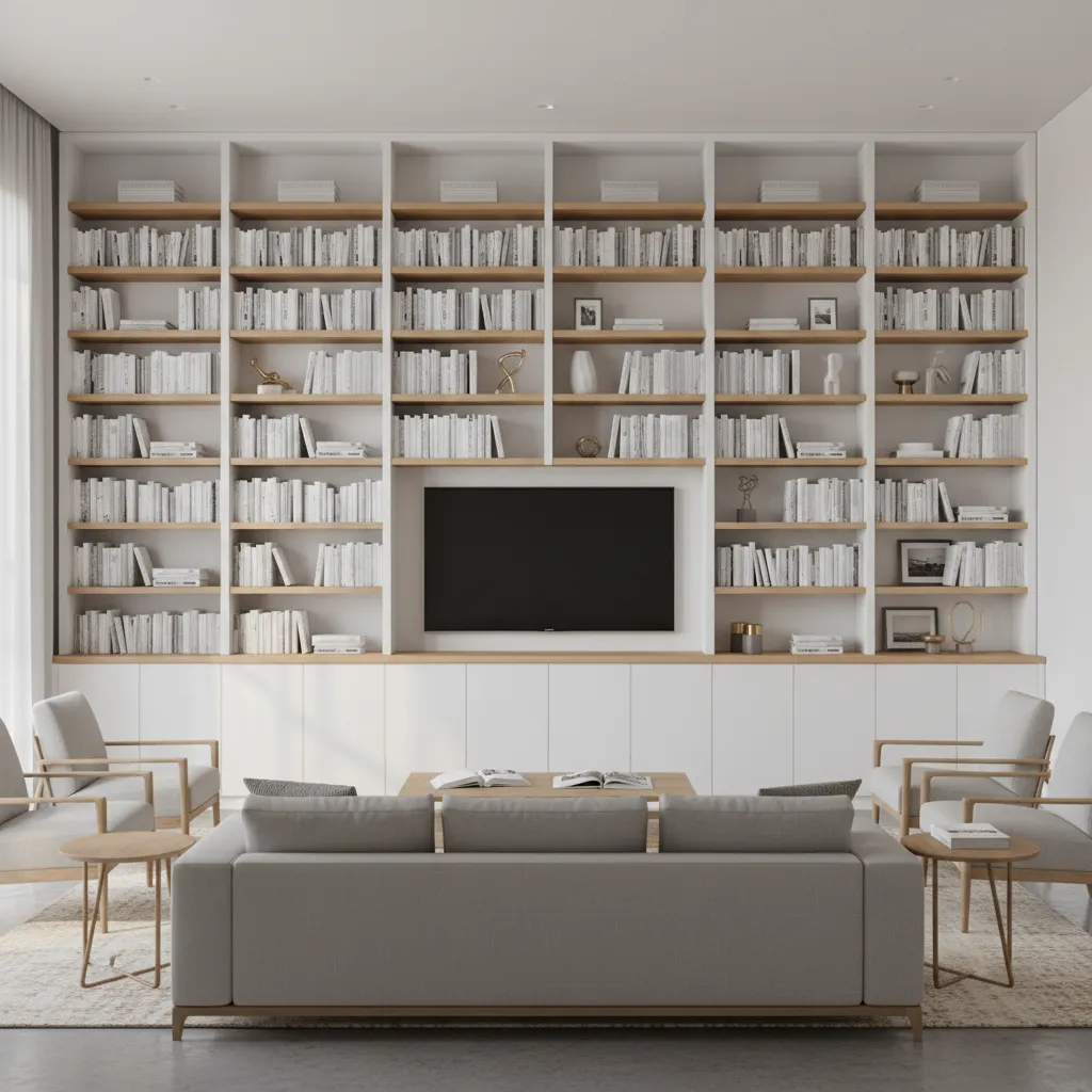 Floor to ceiling built in shelving wall with books and cabinets