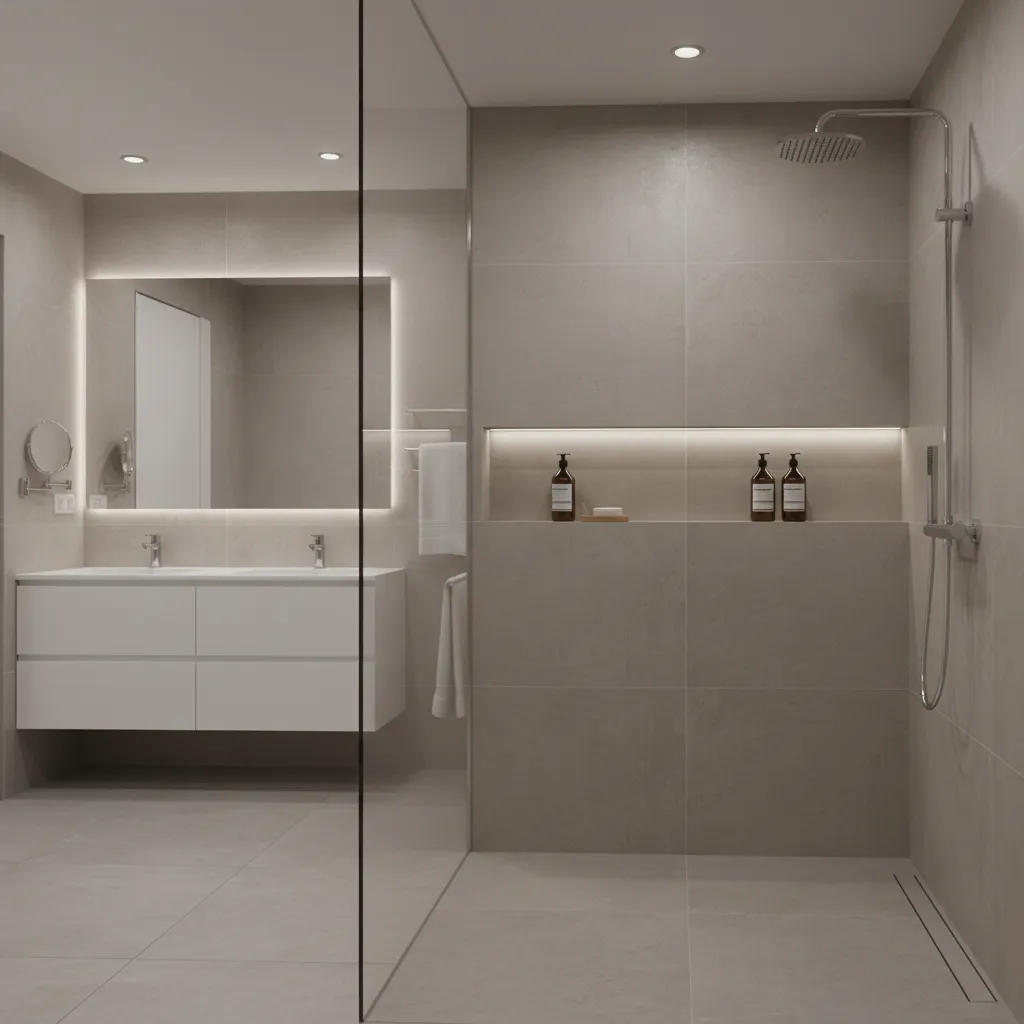 Minimalist shower wall with built in storage niche for toiletries