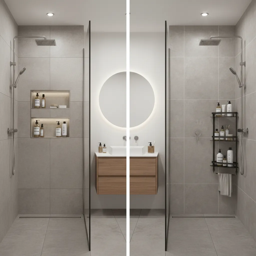 Comparison of recessed shower niche and wall mounted shower shelf in bathroom design