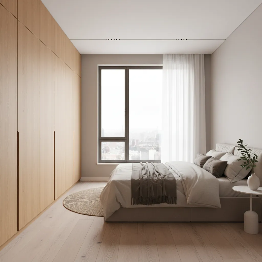 Bedroom with built in wardrobe storage in a modern apartment
