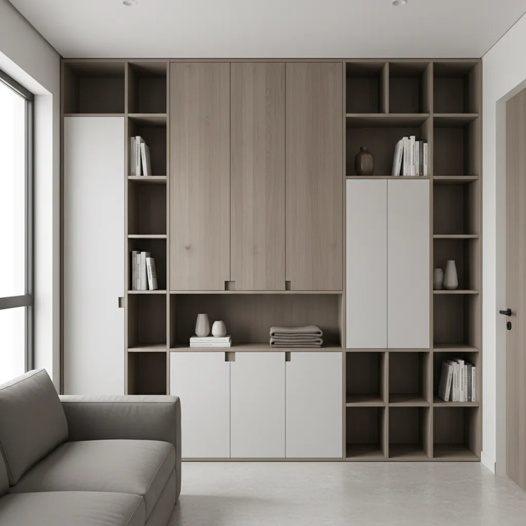Floor to ceiling built in storage cabinets in a small apartment