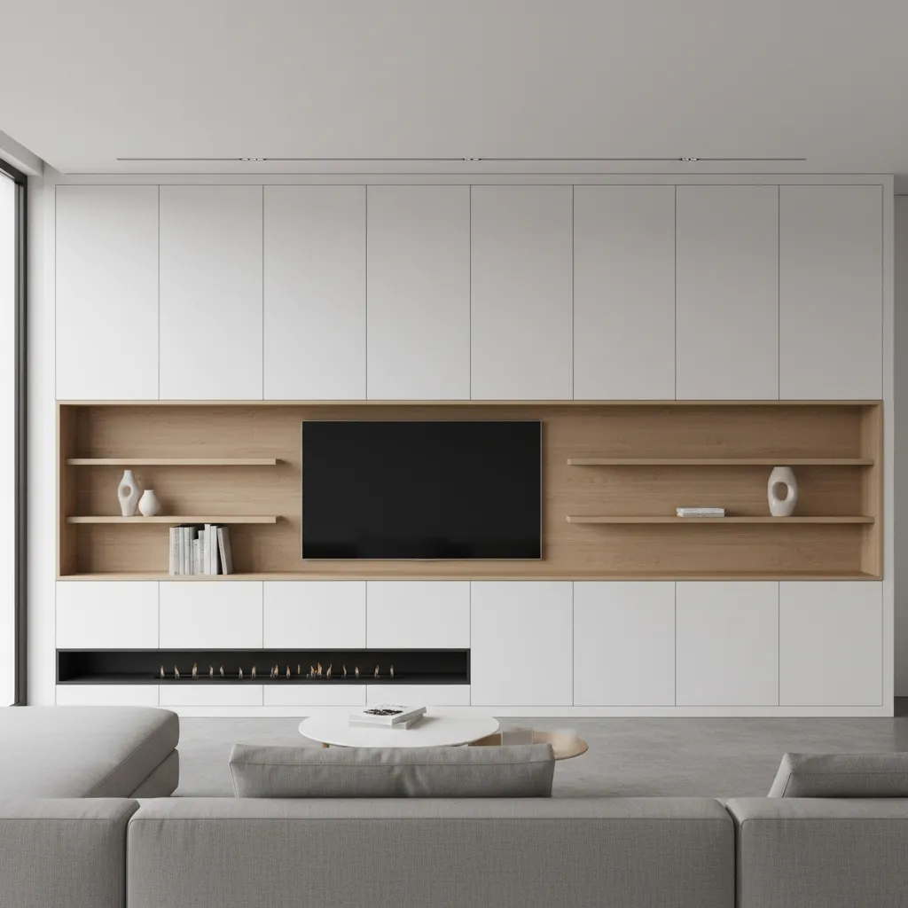 Modern built in storage wall unit in a 3 BHK apartment living room