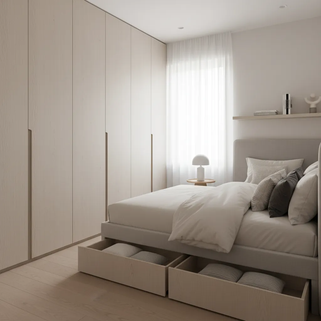 Bedroom with floor to ceiling wardrobe storage