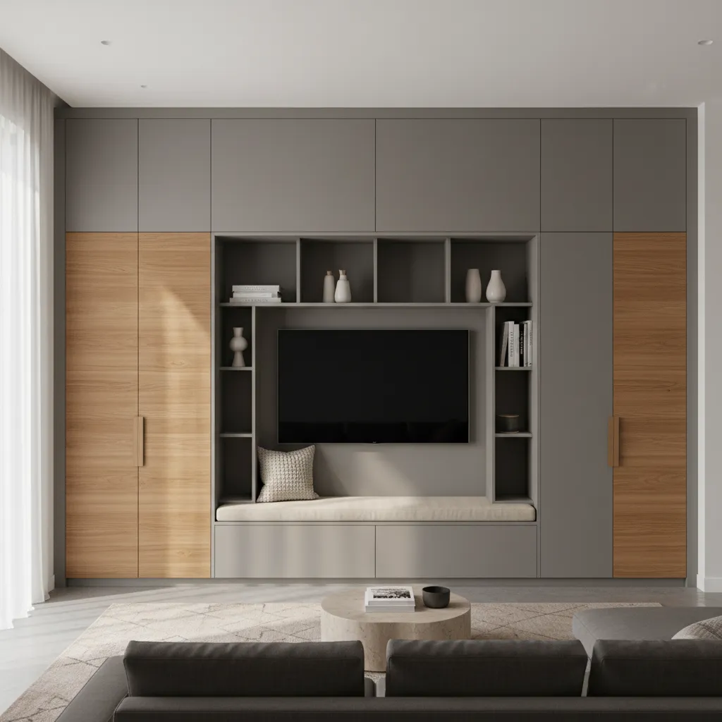 pared con almacenamiento integrado en un salón contemporáneo