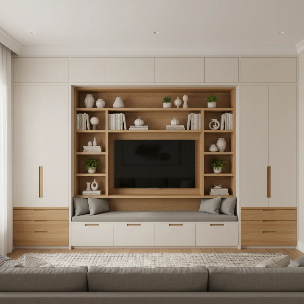 Built in storage wall and shelving in mid size family home