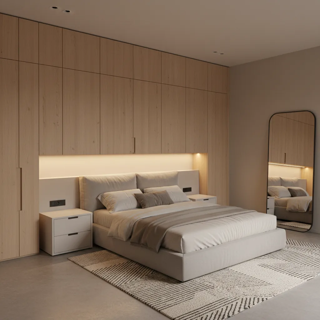 Modern bedroom with floor to ceiling built in wardrobes and clean storage design