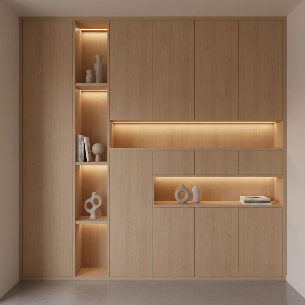 Floor to ceiling built in storage cabinets along wall in narrow apartment