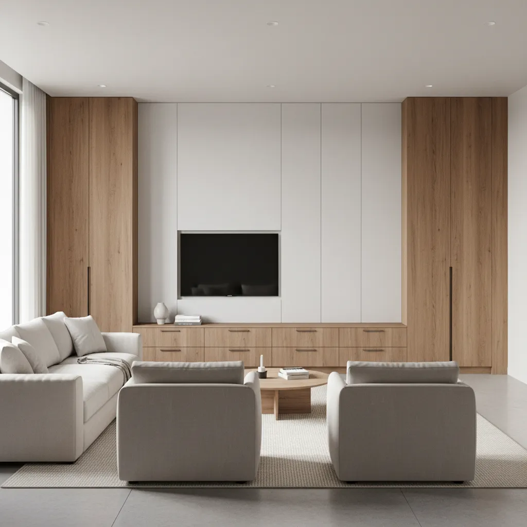Modern living room featuring white wall panels wooden storage cabinets grey sofa chairs and table