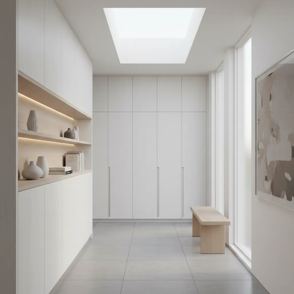 Built in storage wall cabinets in a modern single story home hallway