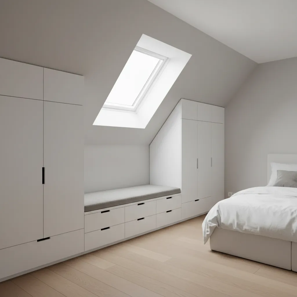Custom built-in drawers and cabinets under a slanted ceiling