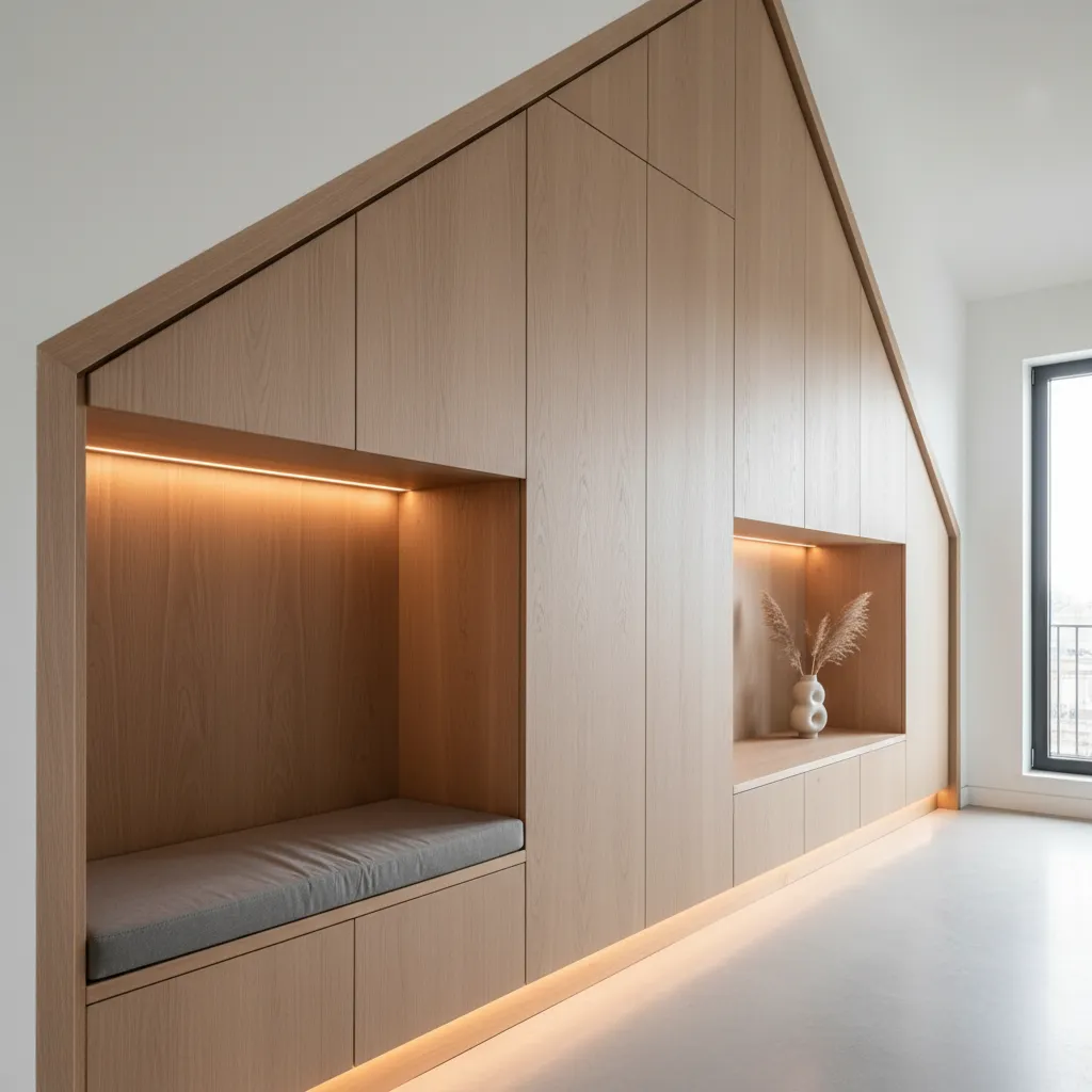 Custom built in storage cabinets following the slope of an attic wall