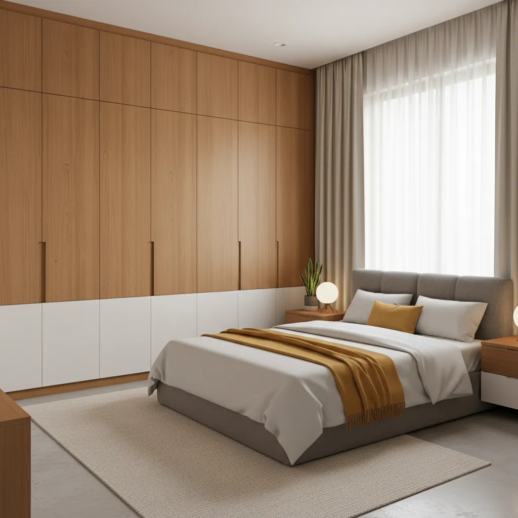 Full height built in storage wall in a compact apartment bedroom