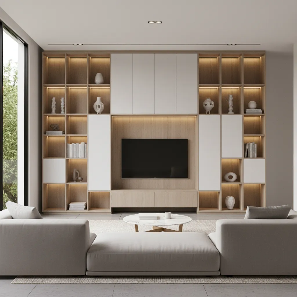 custom built in wall storage and shelving in a small apartment living room