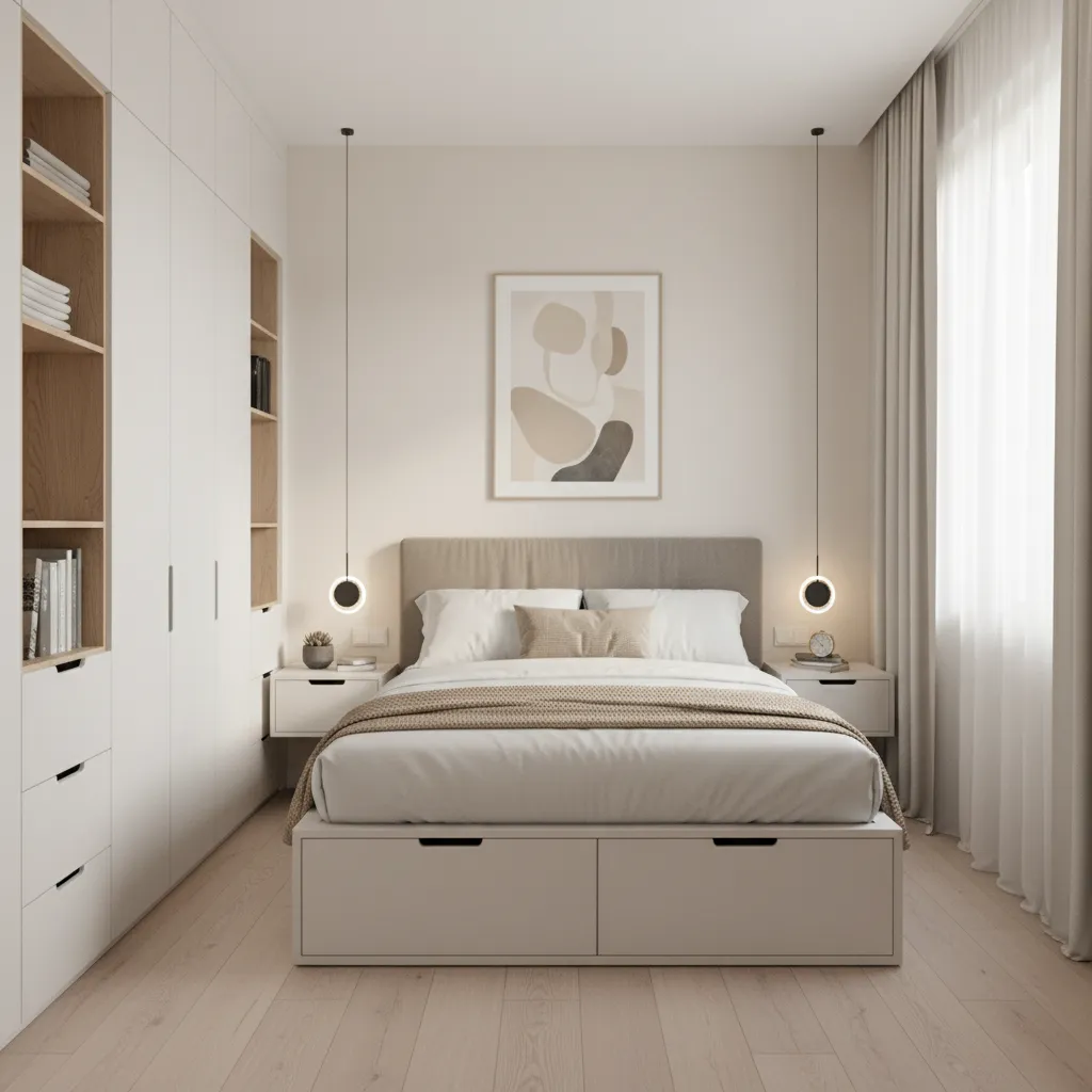 Small bedroom with built in wardrobe and storage bed
