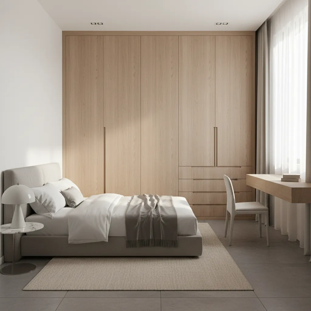 Floor to ceiling wardrobe storage in a small apartment bedroom