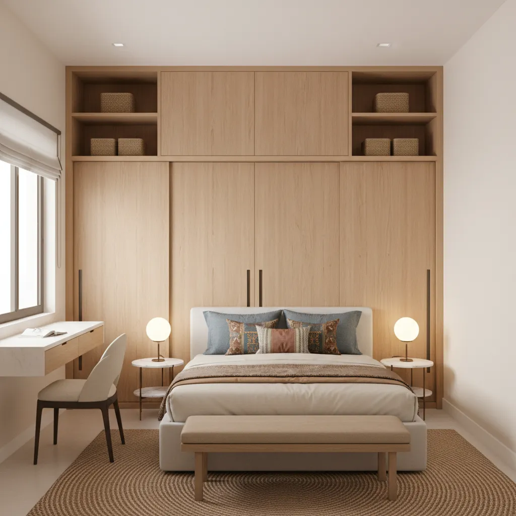 small bedroom with built in wardrobe storage