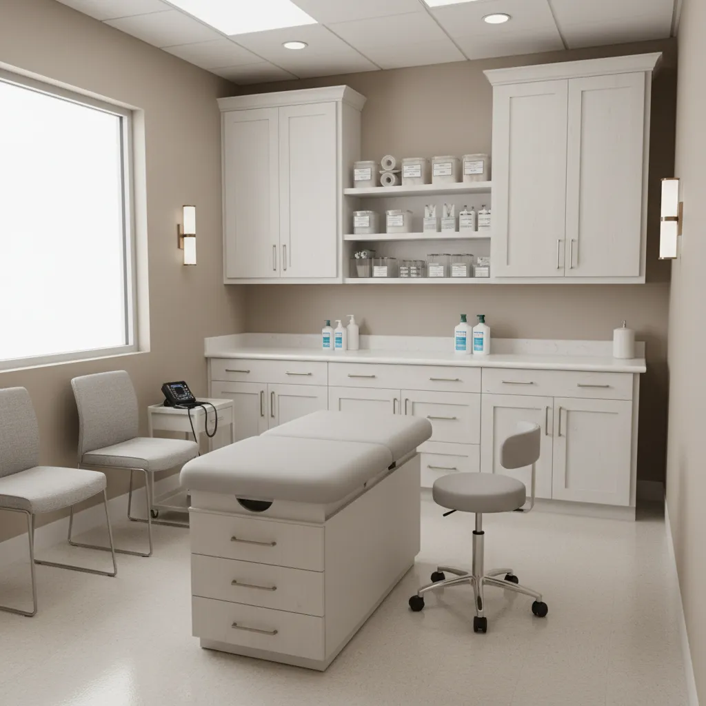built in storage cabinets in small clinic treatment area