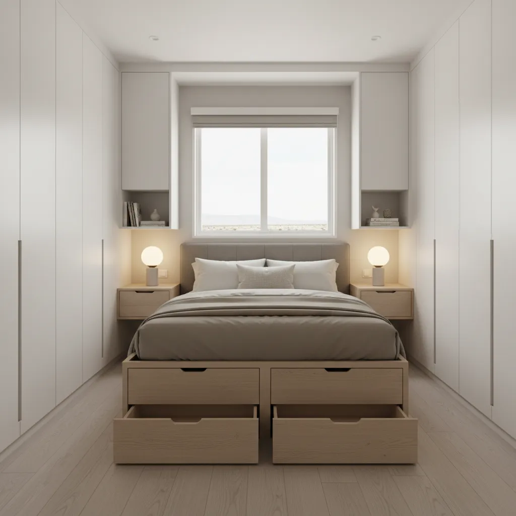 Built in storage solutions in a compact manufactured home bedroom